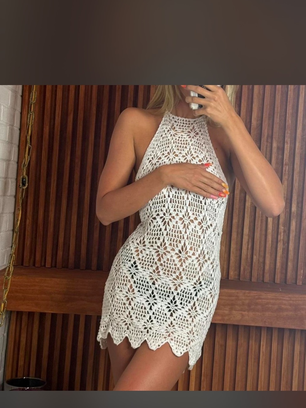 Tularosa White Crochet Halter Mini Dress